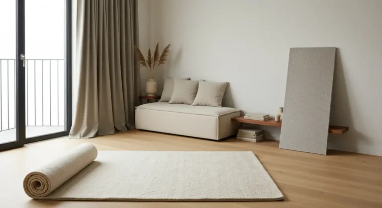 Wnetrze salonu z welnianym dywanem, tapicerowana sofa, gruba zaslona i filcowy panel akustyczny przy scianie