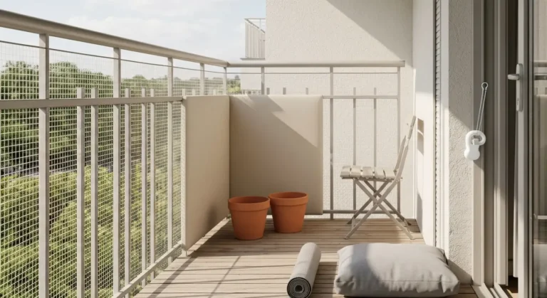 Balkon zabezpieczony dla dziecka - siatka na balustradzie, blokada drzwi, donice na podlodze i mata antyposlizgowa