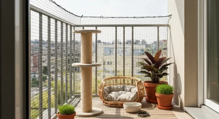 Balkon zabezpieczony czarna siatka dla kota z drapakiem, legowiskiem, miska i doniczkami bezpiecznych roslin