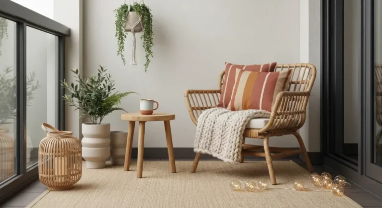 Balkon w stylu boho z fotelem z rattanu, makrama z roslina, tekstyliami outdoor i donicami ceramicznymi