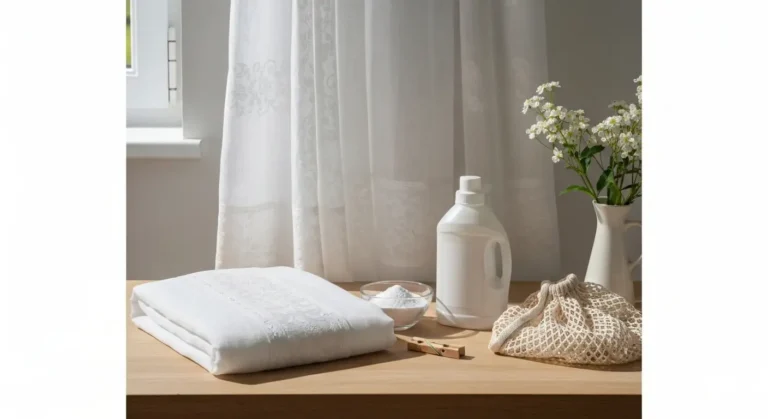 Biala firana z woalu zlozona na drewnianym stole obok delikatnego detergentu, siatki do prania i wazonu z bialymi kwiata