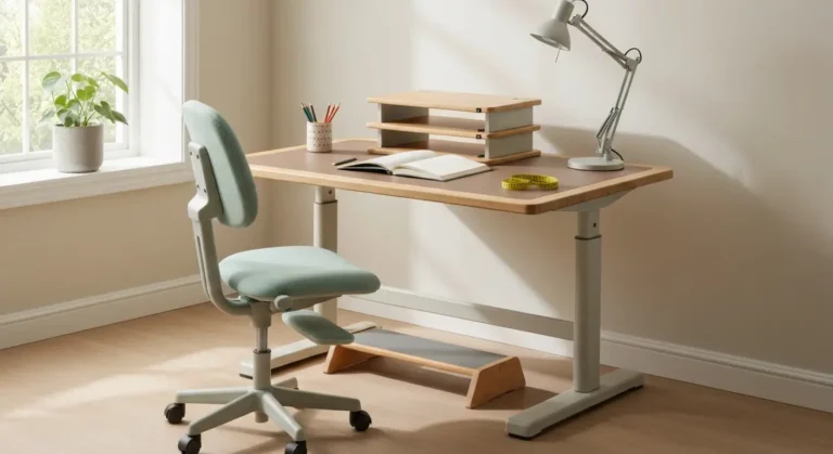 Regulowane biurko dziecka z ergonomicznym krzeslem, podnozkiem, lampka i przyborami do nauki