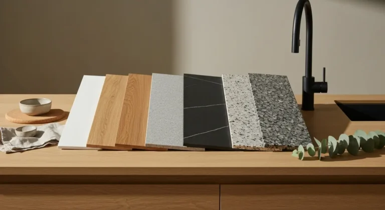 Probki piecu materialow na blat kuchenny - laminat, drewno, konglomerat, spiek i kamien - ulozone na jasnym blacie