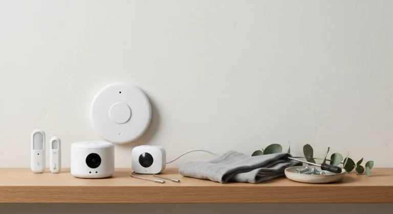 Biale czujniki smart home - dymu, ruchu, zalania i wilgotnosci - ulozone na debowej polce przy jasnej scianie