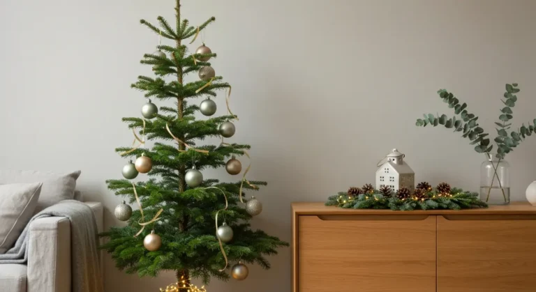 Smukla choinka z bezowymi bombkami i lampkami LED obok drewnianej komody w salonie, na komodzie stroik i lampion