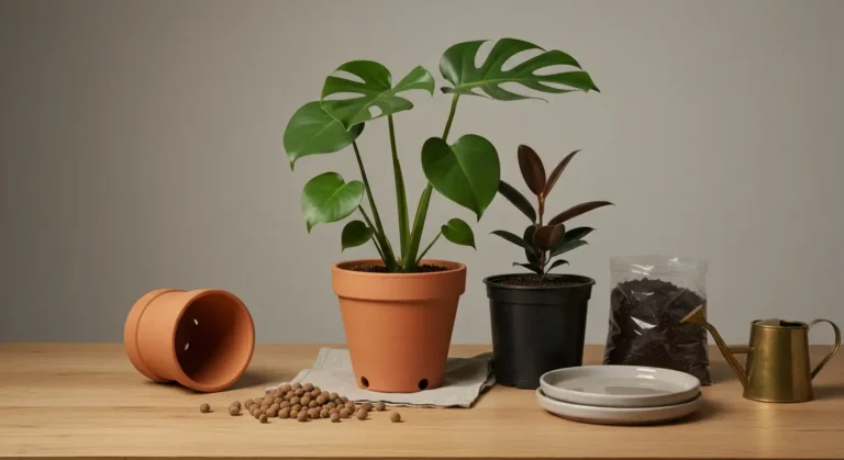 Monstera w terakotowej doniczce z odplywem obok ceramicznej oslonki, podstawki i keramzytu na drewnianym stole