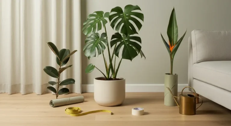 Duza monstera w kremowej ceramicznej donicy na jasnej podlodze obok lnianej sofy, miarka i konewka