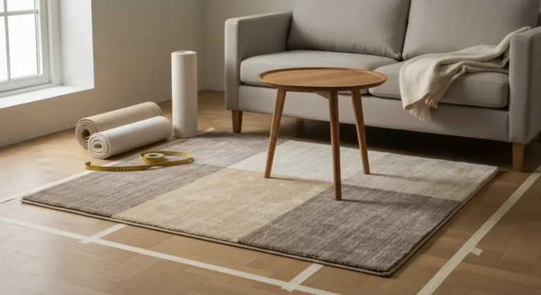 Bezowy dywan o niskim runie na debowej podlodze pod kompaktowa sofa, okragly stolik i probki dywanow