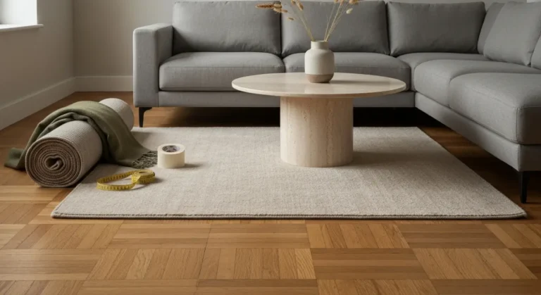 Bezowy welniany dywan pod narozna sofa i okraglym stolikiem, obok zwiniety dywan, miarka i tasma malarska