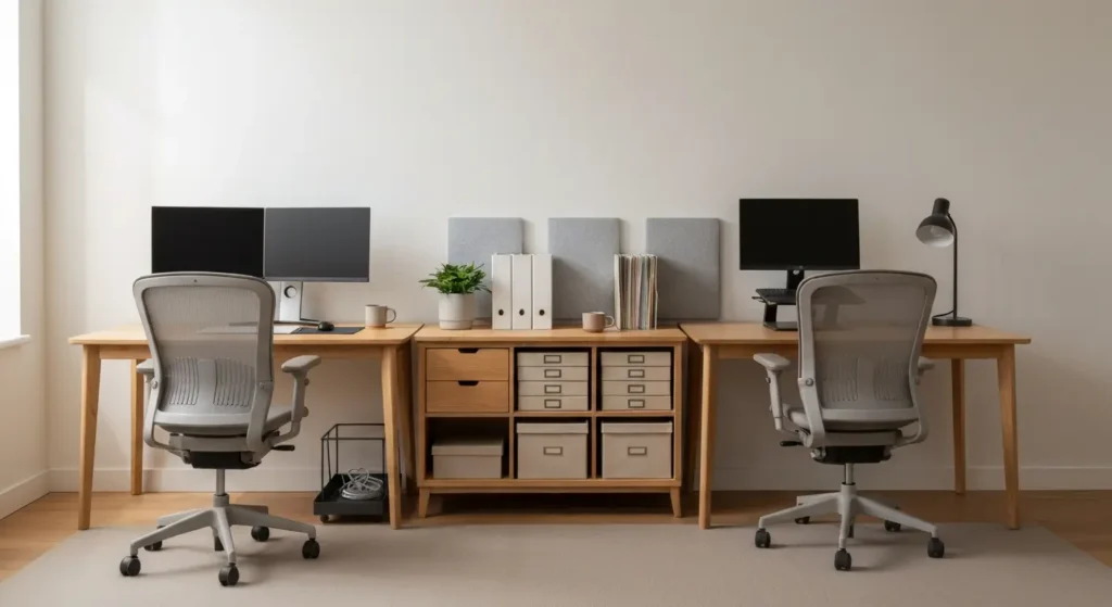 Gabinet dla dwóch osób: dwa stanowiska, ergonomia i wspólne przechowywanie