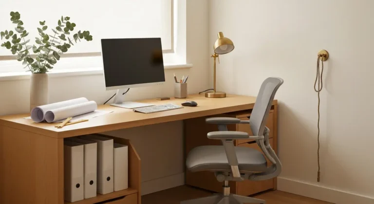 Gabinet domowy z dębowym biurkiem, monitorem, ergonomicznym krzeslem i niska szafka na dokumenty przy oknie