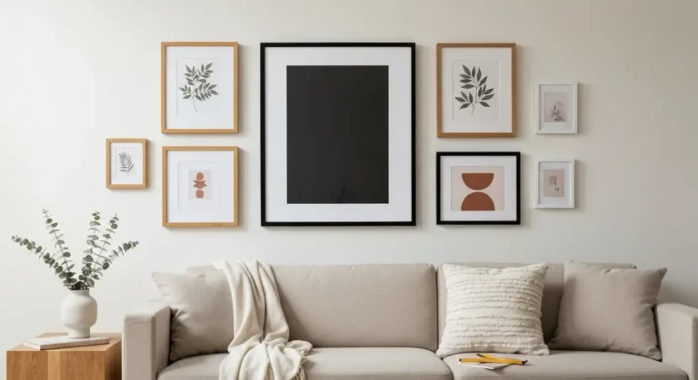 Galeria obrazow w ramach nad bezowa sofa, rowne odstepy miedzy ramami i miarka na stoliku