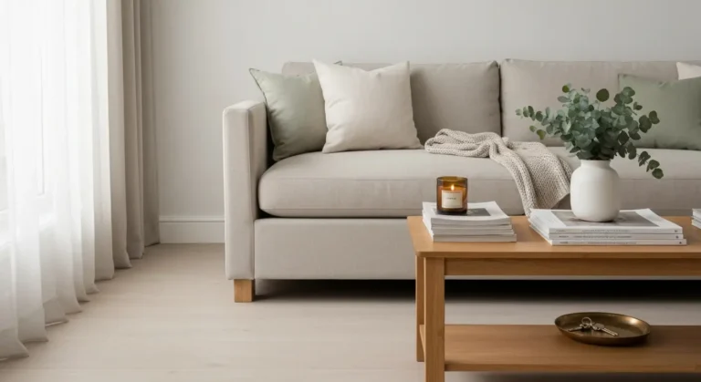 Jasny salon przygotowany do sprzedazy - lniana sofa, debowy stolik z eukaliptusem, swieca i klucze na mosieznej tacce