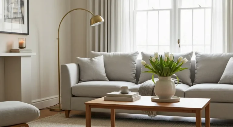 Zaaranzowany salon z jasna sofa, dywanem, stolikiem kawowym, bialymi tulipanami i lampa przy oknie