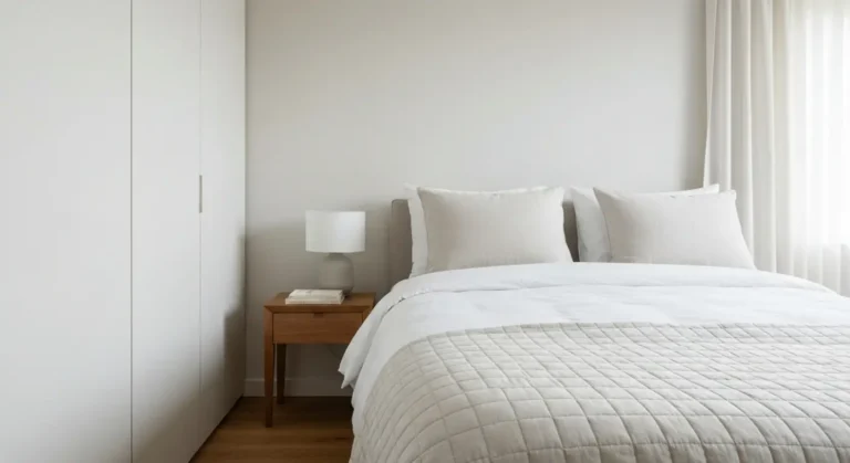 Neutralnie urzadzona sypialnia z bialą posciela, bezowa narzuta, drewniana szafka nocna i lampa ceramiczna