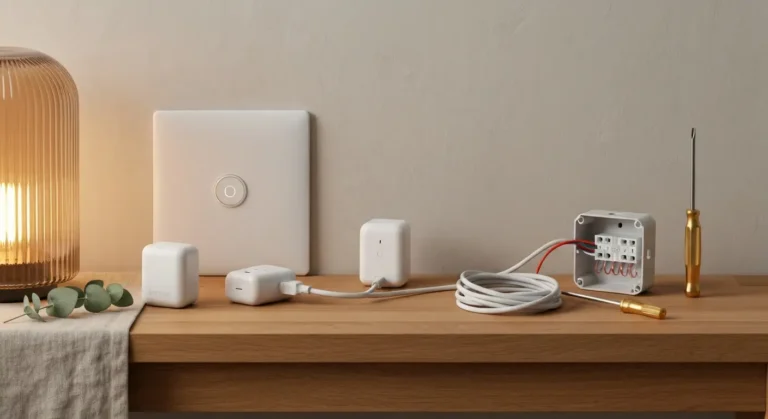 Inteligentny wlacznik i gniazdka smart na debowej konsoli obok szklanej lampy i modulu instalacyjnego