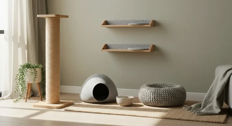 Kacik dla kota w salonie - drapak z sizalu, drewniane polki, filcowa kryjowka i legowisko na dywanie