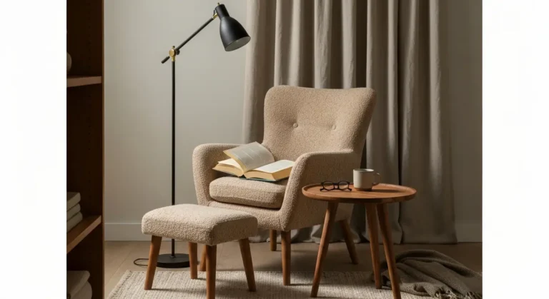 Kacik do czytania w salonie - fotel z podnozkiem, lampa podlogowa skierowana na ksiazke i drewniany stolik