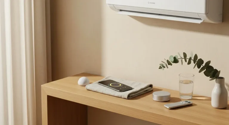 Konsola z telefonem sterujacym klimatyzacja, czujnikiem temperatury i hubem smart home, w tle jednostka klimatyzatora