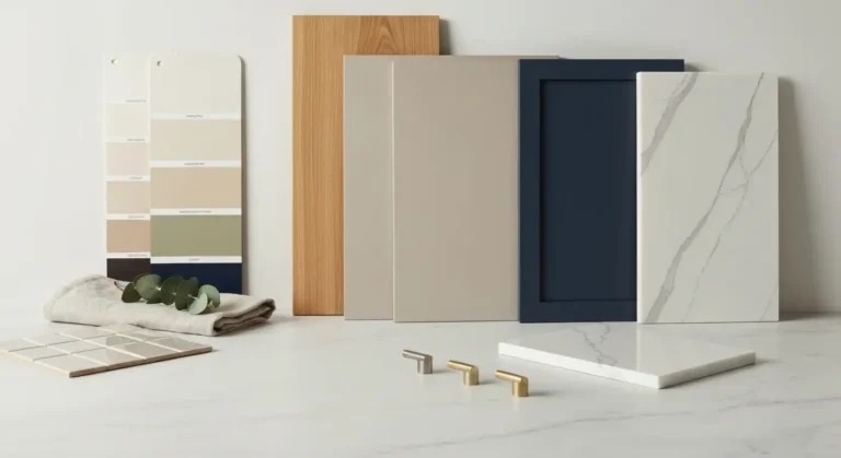 Flat lay z probnikami kolorow do kuchni, frontami, plytka, blatem kamiennym i uchwytami na marmurze