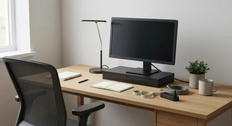 Biurko w gabinecie domowym z ergonomicznym krzeslem, lampa LED, monitorem i listwa zasilajaca
