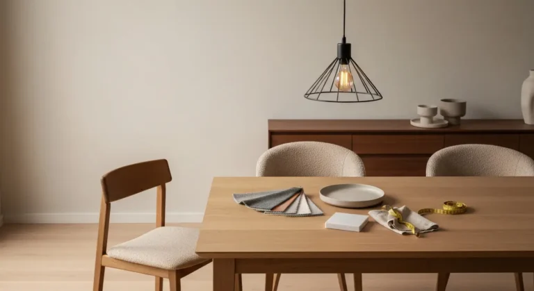 Drewniany stol jadalniany z dwoma roznymi krzeslami, probkami materialow i lampa wiszaca nad blatem