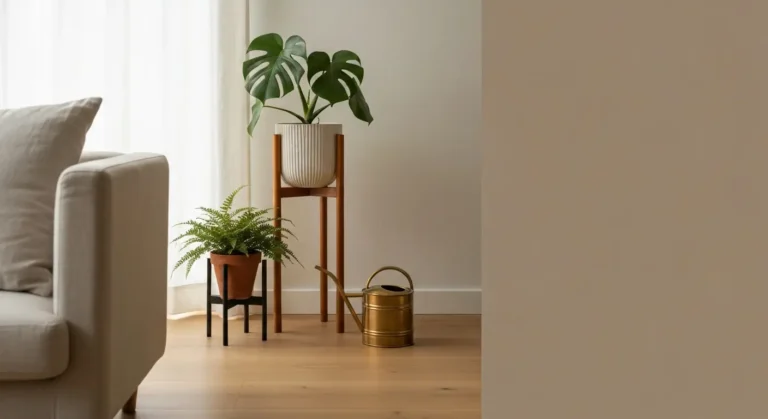 Drewniany kwietnik z monstera obok niskiego metalowego stojaka z paprocia przy jasnej sofie w salonie