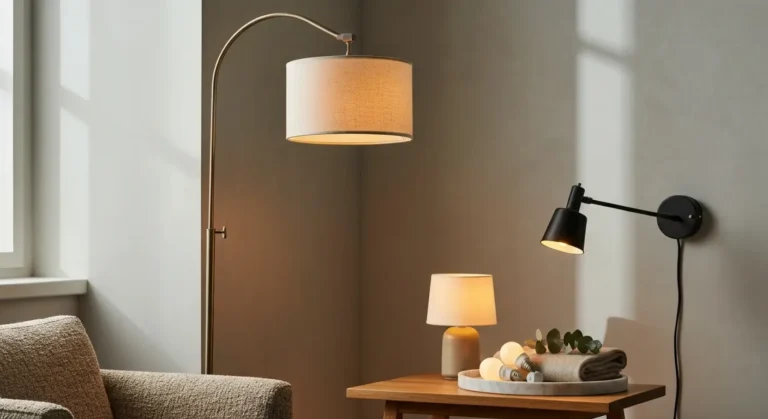 Aranzacja salonu z lampa podlogowa, lampka stolowa i kinkietem oraz zarowkami LED na marmurowej tacy