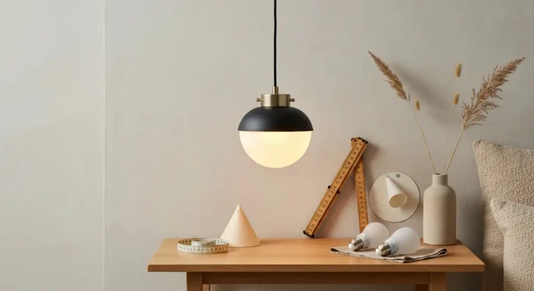 Czarno-mosiezna lampa wiszaca nad debowym stolikiem, obok miarka krawiecka, skladany metr i zapasowe zarowki LED