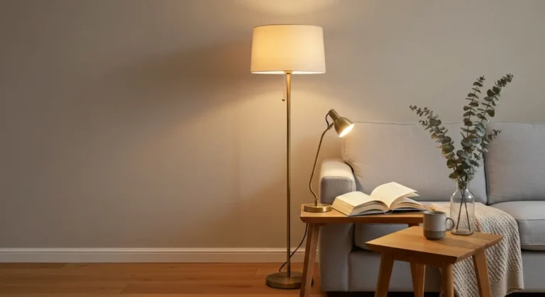 Mosiezna lampa stojaca z kremowym kloszem obok szarej sofy, stolik z ksiazka i kubkiem