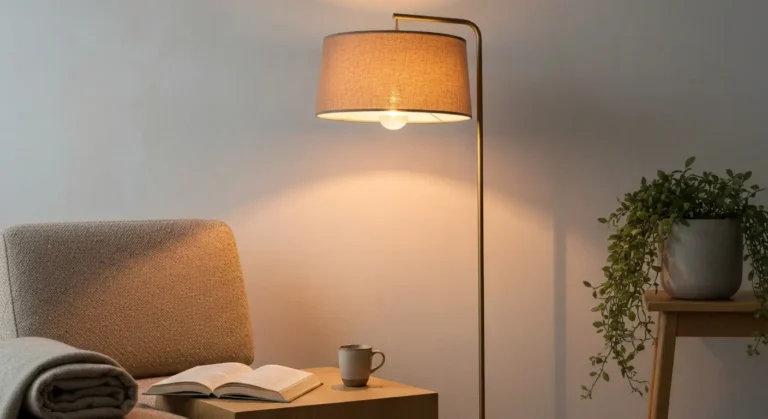 Lampa stojaca z lnianym kloszem przy fotelu, obok stolik z ksiazka i kubkiem