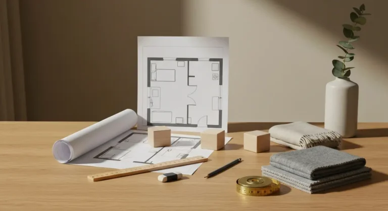 Plan malego mieszkania na drewnianym stole z linijka, olowkiem i miniaturowymi bryłami mebli