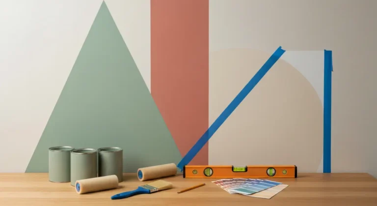 Sciana z geometrycznym wzorem w szalwiowej zieleni i terakocie, obok tasma malarska, walek, poziomica i probniki farb