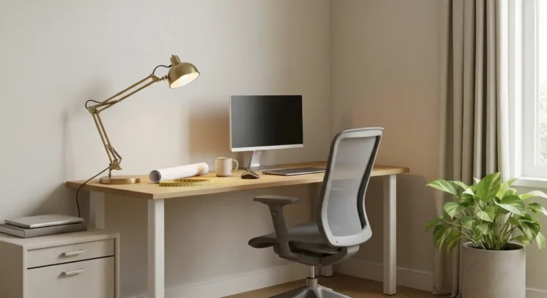 Male domowe biurko we wnece z fotelem biurowym, monitorem, lampka zadaniowa i roslina