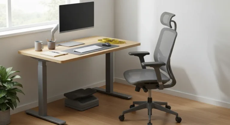 Ergonomiczne stanowisko pracy w domu - regulowane biurko, fotel z siatkowym oparciem i monitor na ramieniu