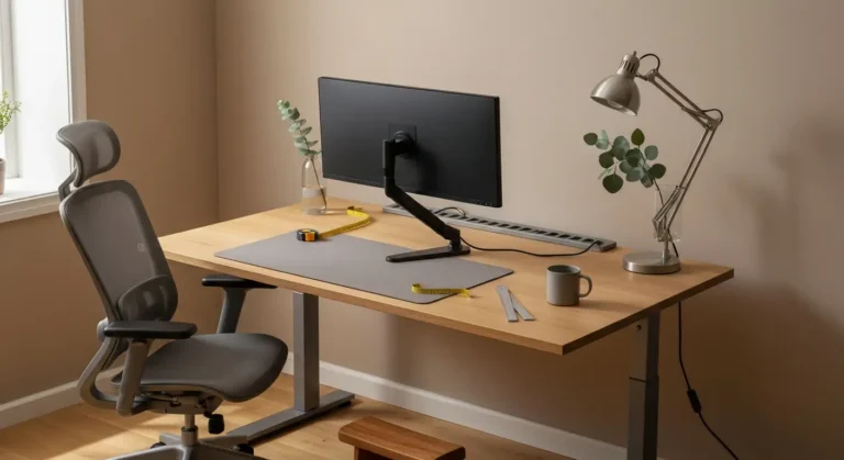 Domowe stanowisko pracy - regulowane biurko, monitor na uchwycie VESA, fotel ergonomiczny i miarka na blacie