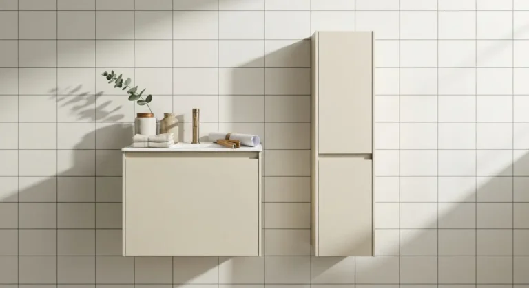 Wiszaca plytka szafka lazienkowa, waski slupek i kompaktowa umywalka w malej lazience