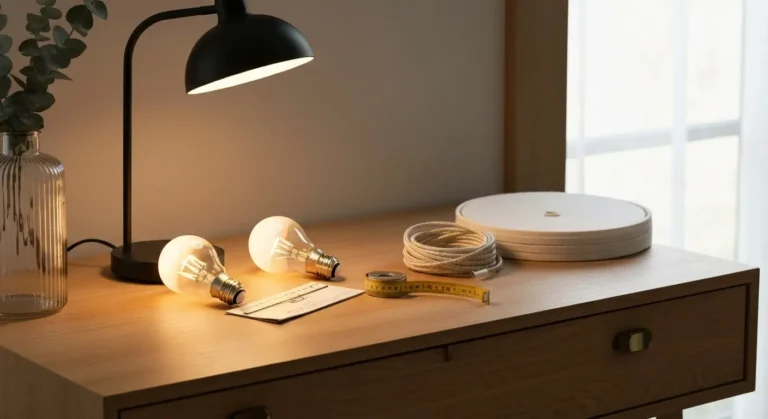 Lampa stolowa i zarowki LED na debowym blacie obok probki abazuru i miarki, cieple swiatlo