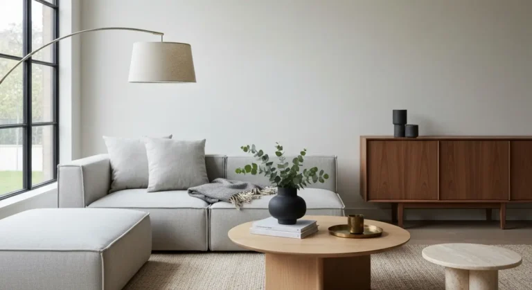 Nowoczesny salon z szara sofa modulowa, debowym stolikiem, lampa podlogowa i niska komoda w miekkim swietle dziennym
