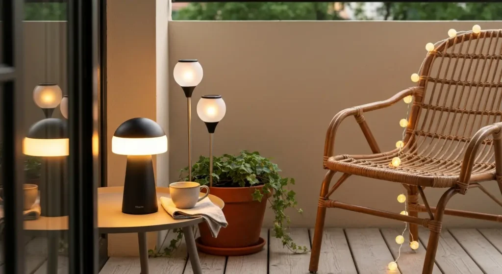 Oświetlenie balkonu bez instalacji – lampy solarne, akumulatorowe i girlandy