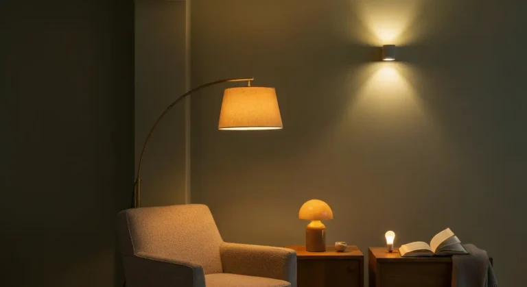 Narozny kacik salonu o zmierzchu z lampa podlogowa, mala lampka stolowa i cieplym swiatlem odbitym od sufitu