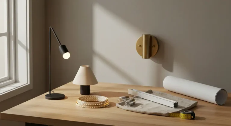 Martwa natura z lampa podlogowa, plafonem, kinkietem, tasma LED i zarowkami na drewnianym stole