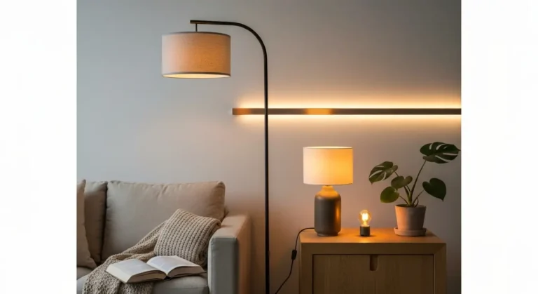 Rog malego salonu z lampa podlogowa przy sofie, lampka ceramiczna na stoliku i cieplym paskiem LED na scianie