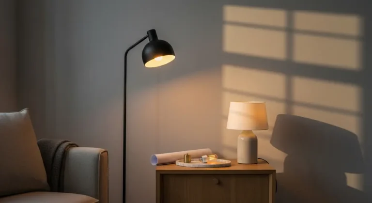 Salonowy kacik z lampa podlogowa, lampka ceramiczna na stoliku i zwinietym rzutem pomieszczenia