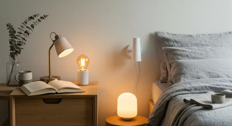 Mosiezna lampka do czytania i cieply klosz przy lozku z lnianą posciela, obok ceramiczna lampa nocna i ksiazka