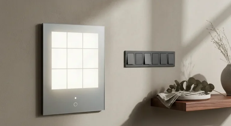 Panel sterowania smart home na ciepłej tynkowanej ścianie obok matowych włączników i drewnianej półki