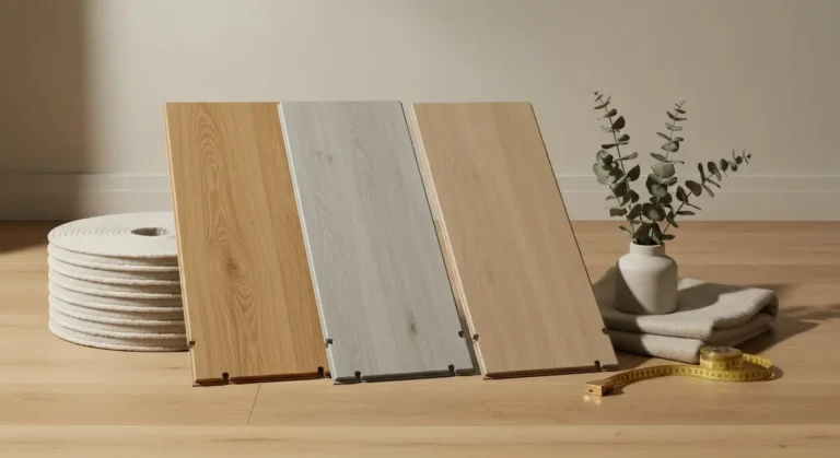 Trzy probki podlogi do salonu - deska drewniana, panel laminowany i winylowy - na jasnej podlodze z podkladem akustyczny