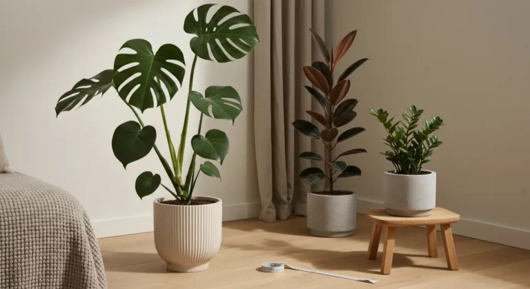 Duza monstera i fikus w ceramicznych oslonkach w jasnym narozniku salonu obok sofy