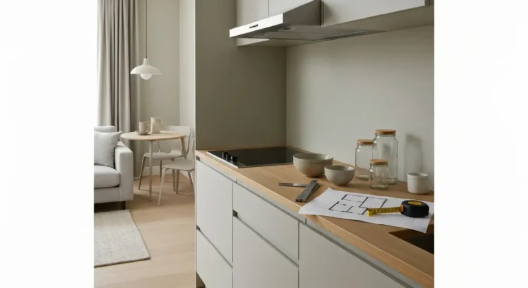 Mały salon z aneksem kuchennym - jasna zabudowa, sofa, okrągły stół i lampa nad stołem