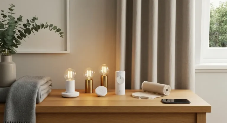 Martwa natura z urzadzeniami smart home na drewnianej konsoli - hub, zarowki, termostat i probka rolety